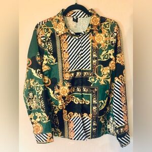 Lai Meng Five Cats Gold Green Striped Patterned Shirt long sleeve blouse S